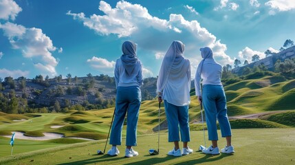 Three Muslim women in hijab are standing on a golf course, looking at the green grass. They are wearing blue pants and white shirts