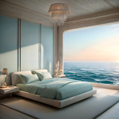 a bedroom with a view of the sea - obrazy, fototapety, plakaty