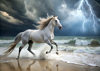 Obraz na płótnie Canvas White horse running on the beach in stormy weather. 3d rendering