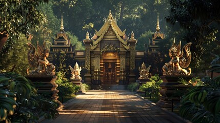 A Gateway to Spirituality: Thai Temple Entrance: An inviting pathway leads to the grand entrance of a Thai temple - obrazy, fototapety, plakaty