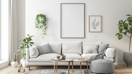 mock poster frame with modern interior background , living room , Scandinavian style , 3D render.