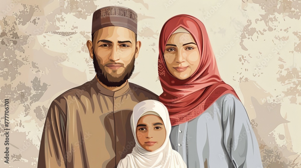 Wall mural a man, woman and child wearing traditional muslim clothing pose for a picture. concept of family and