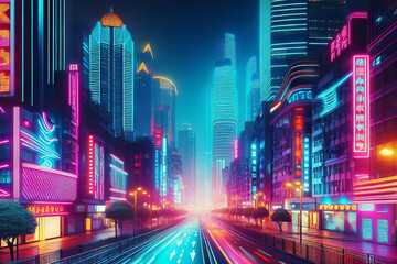 Neon futuristic synthwave city background.  Cyberpunk cityscape with neon light glowing effect. Night street, 80's vaporwave style, disco music