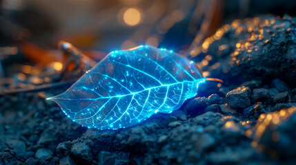Bioluminescent leaf  shining on the ground. - obrazy, fototapety, plakaty