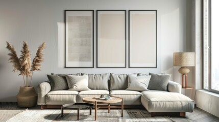 Fototapeta na wymiar mock poster frame with modern interior background , living room , Scandinavian style , 3D render.