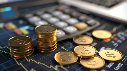 Piles of bitcoin coins on financial charts with calculator and laptop. Fintech and digital economy concept.