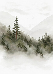 Pine forest in the fog. Light watercolor. Generated AI_PR