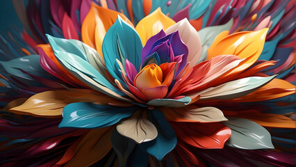 Stunning digital illustration of a vibrant 3D rendered flower bloom with multicolor petals