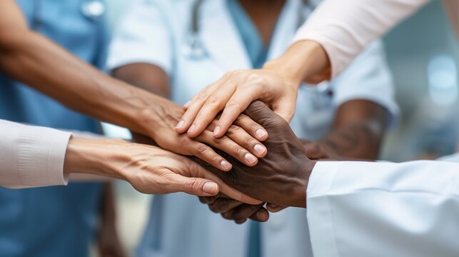A harmonious blend of diversity and unity: A close-up view of a multiethnic medical team's hands stacked together in a symbol of teamwork and solidarity