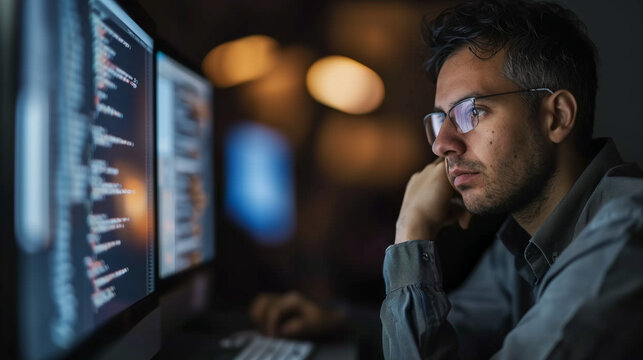Title: "Focused Developer"
Art Description: Cinematic photos of a software developer engrossed in coding at a dark office desk.