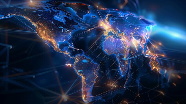 World interactive map displaying global network of users. Futuristic technology transformation. Banner.