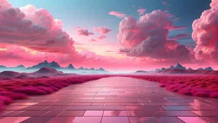 Vibrant digital artwork depicting a surreal landscape with fluffy pink clouds and a reflective tiled pathway leading to distant mountains