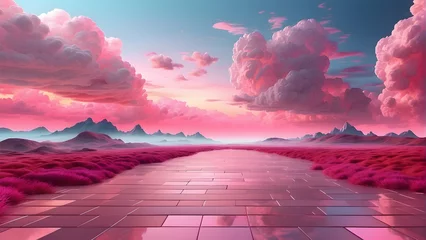 Foto op Aluminium Vibrant digital artwork depicting a surreal landscape with fluffy pink clouds and a reflective tiled pathway leading to distant mountains © Heruvim