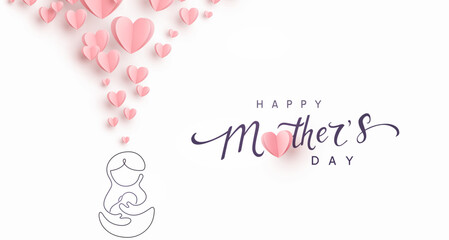 Mother's day postcard. Mum hugs baby continuous one line contour with paper flying hearts on light pink background. Vector symbols of love for mom greeting card design