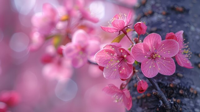   A detailed photo of a pink blossom on a branch, displaying water droplets on its petals and an out-of-focus backdrop