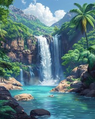 Rainforest waterfall oasis, lush greenery, exotic location, tranquil nature,  background, wallpaper - obrazy, fototapety, plakaty