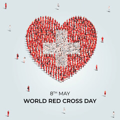 World red cross day concept poster. Large group of people form to create red cross as red cross day is celebrated on 8th of may. Vector illustration.