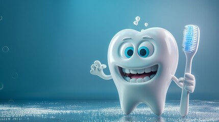Smiling white tooth holding a toothbrush, ideal for kids dental hygiene education, - obrazy, fototapety, plakaty