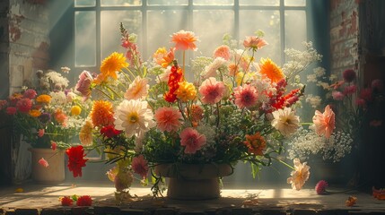   A vase brimming with numerous blossoms perched atop a window ledge beside a windowsill - obrazy, fototapety, plakaty
