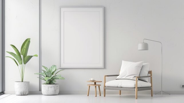 Fototapeta mock poster frame with modern interior background , living room , Scandinavian style , 3D render.
