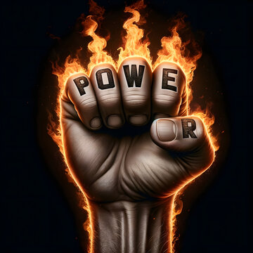Burning fist with tatooed POWER on fingers with dark background