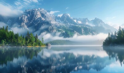 a lake surrounded by trees and mountains in the background - obrazy, fototapety, plakaty