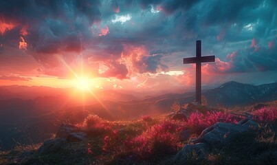 Jesus Christ cross easter resurrection concept Christian cross on a background with dramatic lighting colorful mountain sunset dark clouds and sky and sunbeams