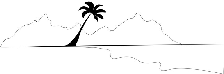 One continuous line drawing of beach with palm trees. Abstract tropical landscape with sea and clouds in simple linear style. Travel vacation in editable doodle. Vector