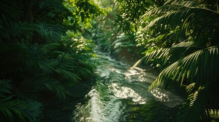 A gentle river meandering through a dense, verdant forest, sunlight streaming through the leaves, casting dappled shadows on the water, a sense of serenity and the gentle flow of life.