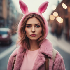 A woman in a hood with ears.
