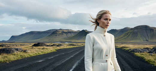 inquadratura di giovane donna in elegante abito chiaro su sfondo di paesaggio nordico - obrazy, fototapety, plakaty