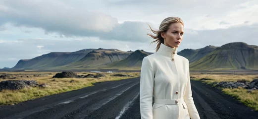 Foto op Canvas inquadratura di giovane donna in elegante abito chiaro su sfondo di paesaggio nordico © divgradcurl