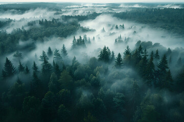 Aerial view of a misty forest in a foggy day, showcasing the serene and ethereal beauty of nature and the tranquil atmosphere of the landscape.