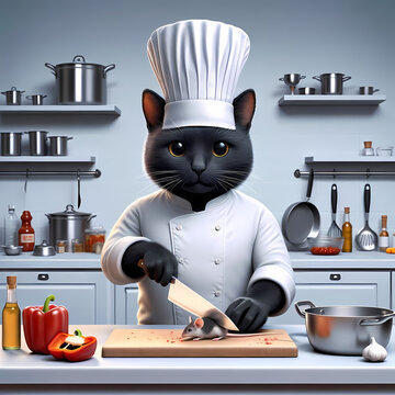 Black Cat Chef With Classic Hat Prepare Mouse As His Meal In Proffessional Kitchen