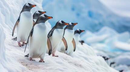 A group of penguins waddling along a snowy Antarctic landscape, the crisp white of the snow contrasting with the deep blues of the distant icebergs, a lively and charming portrayal of life in extreme  - obrazy, fototapety, plakaty