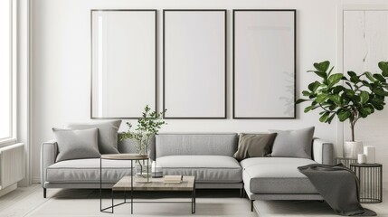 mock poster frame with modern interior background , living room , Scandinavian style , 3D render.
