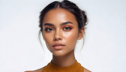 portrait of a young woman with medium skin, brown eyes, and eyebrows, wearing gold hoop earrings and a nose ring, adorned with small gems under her eyes, against a plain background