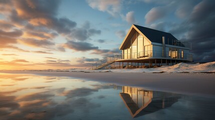 A photo of a Beach House Reflecting Tranquility - obrazy, fototapety, plakaty