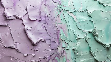 Abstract art piece with a split composition; one half smooth pastel lavender with a glossy finish, the other half a coarse, textured pastel mint green resembling thick oil paint strokes. - obrazy, fototapety, plakaty