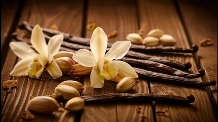Dried vanilla sticks and vanilla orchid on wooden table. Close-up.