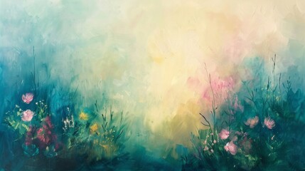 Fototapeta na wymiar Abstract pastel interpretation of a spring meadow, soft floral hues.