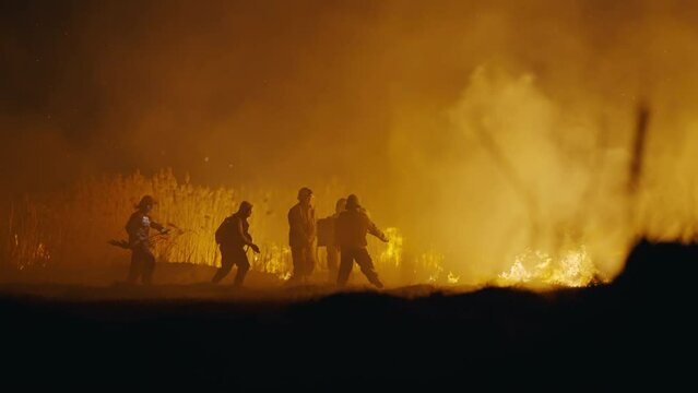 Silhouette of firemen fighting a raging fire with flames at night. Forest or bush fire