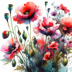 Watercolor illustration of poppies. 
