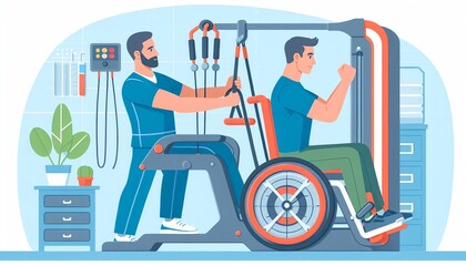 Rehabilitation Session: Man in Wheelchair with Physiotherapist. A physiotherapist assists a man in a wheelchair during a rehabilitation exercise session.