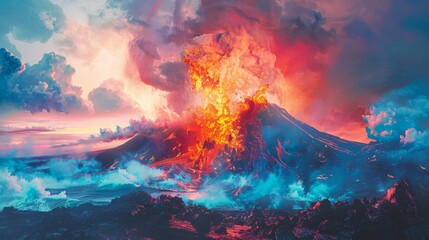 Abstract simplification of a volcanic eruption, pastel drama. - obrazy, fototapety, plakaty