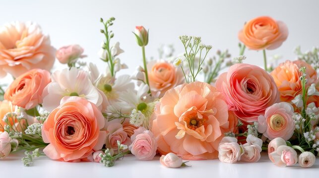   A close-up of several flowers arranged on a white background with two prominent blooms at the center