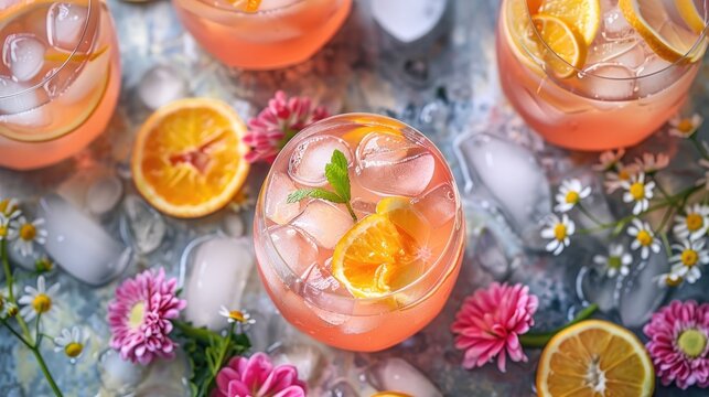 Chilled citrus beverages with floral decoration on a frosted glass surface
