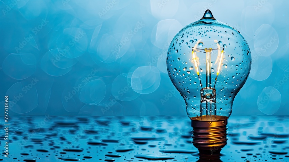 Wall mural illuminated lightbulb with raindrops against a blue bokeh background