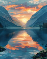 Fototapeta na wymiar Serene Mountain Lake at Sunrise featuring calm waters and a colorful sky to capture the beauty of nature, Background, wallpaper