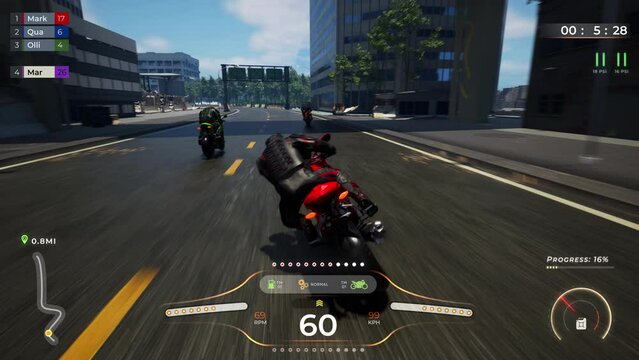 Playing the motorcycle racing game with modern graphics. Driving experience in the new motorcycle racing simulation video game. Controlling the fast motorcycle in the racing game mission.